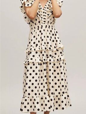 English Factory Cream and Black Polka Dot Ruffle Midi Dress